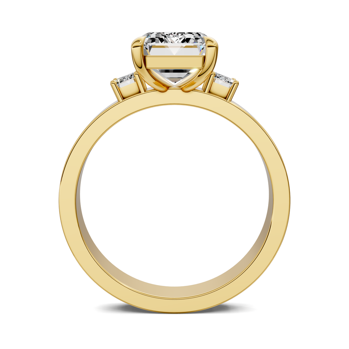 14K yellow gold three-stone ring top view with emerald-cut center stone and side stones