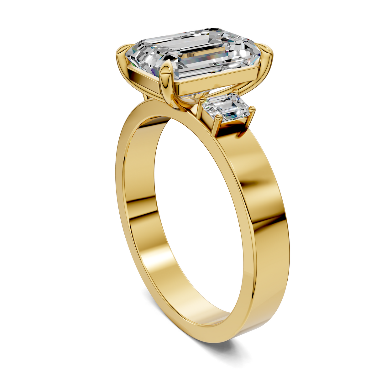 14K yellow gold three-stone ring angled view, showing the emerald-cut center stone