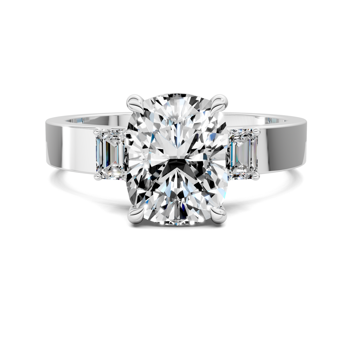 Three-stone diamond ring with round center and baguette side stones, white gold
