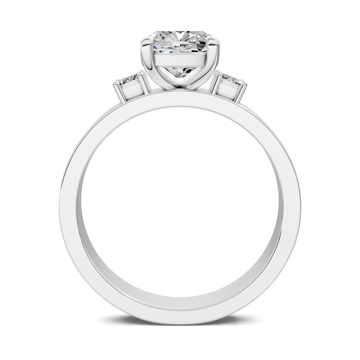 Three-stone diamond ring top view with round center stone and two side baguettes, white gold