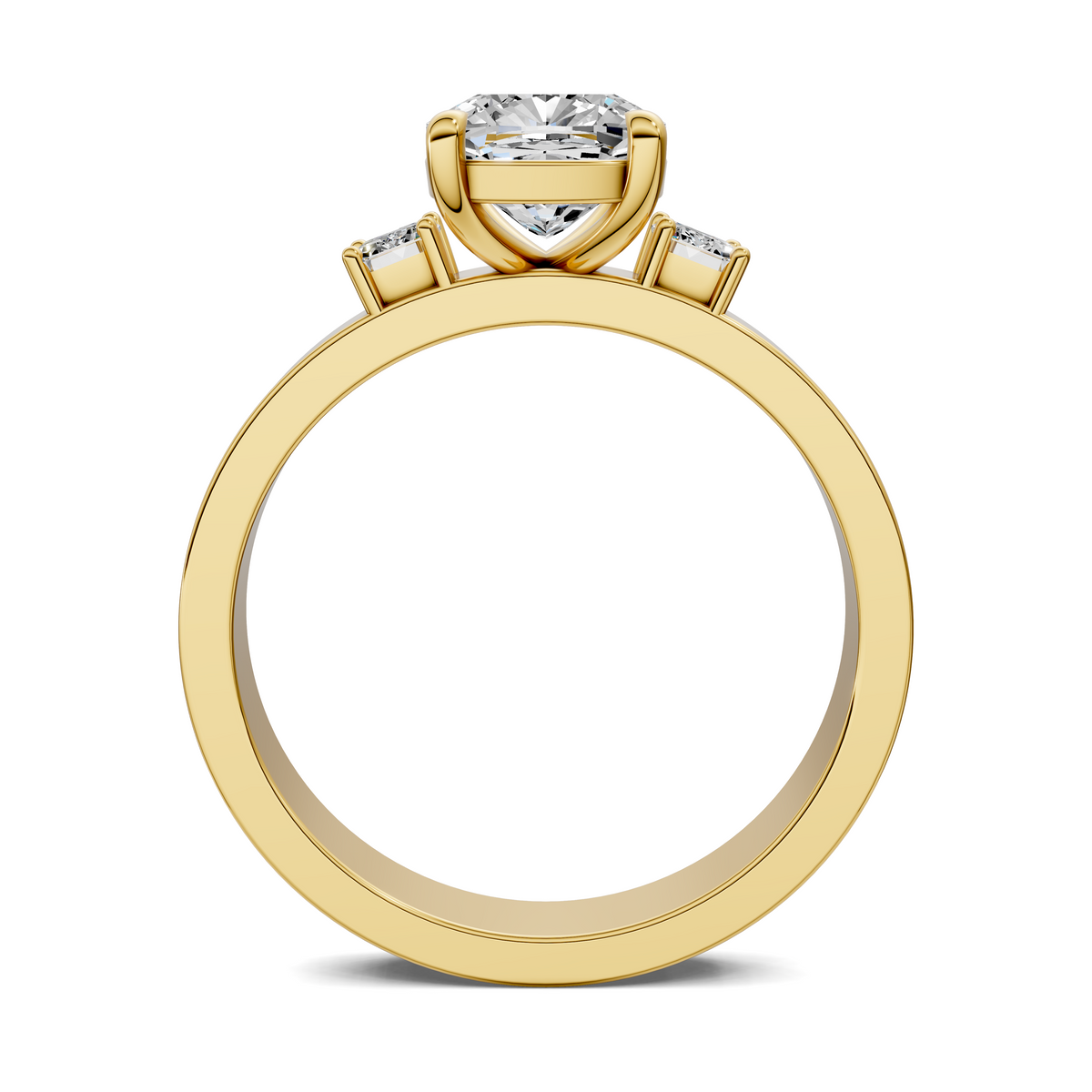 Three-stone diamond ring top view with round center stone and baguette side stones, yellow gold