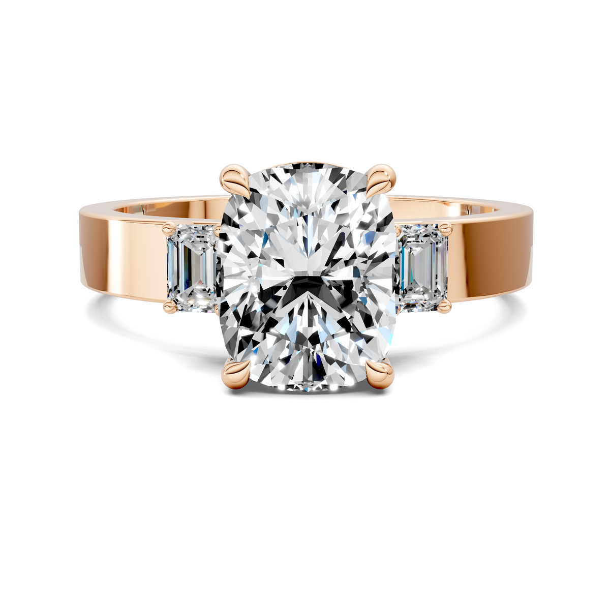 Three-stone diamond ring with round center stone and baguette side stones, rose gold