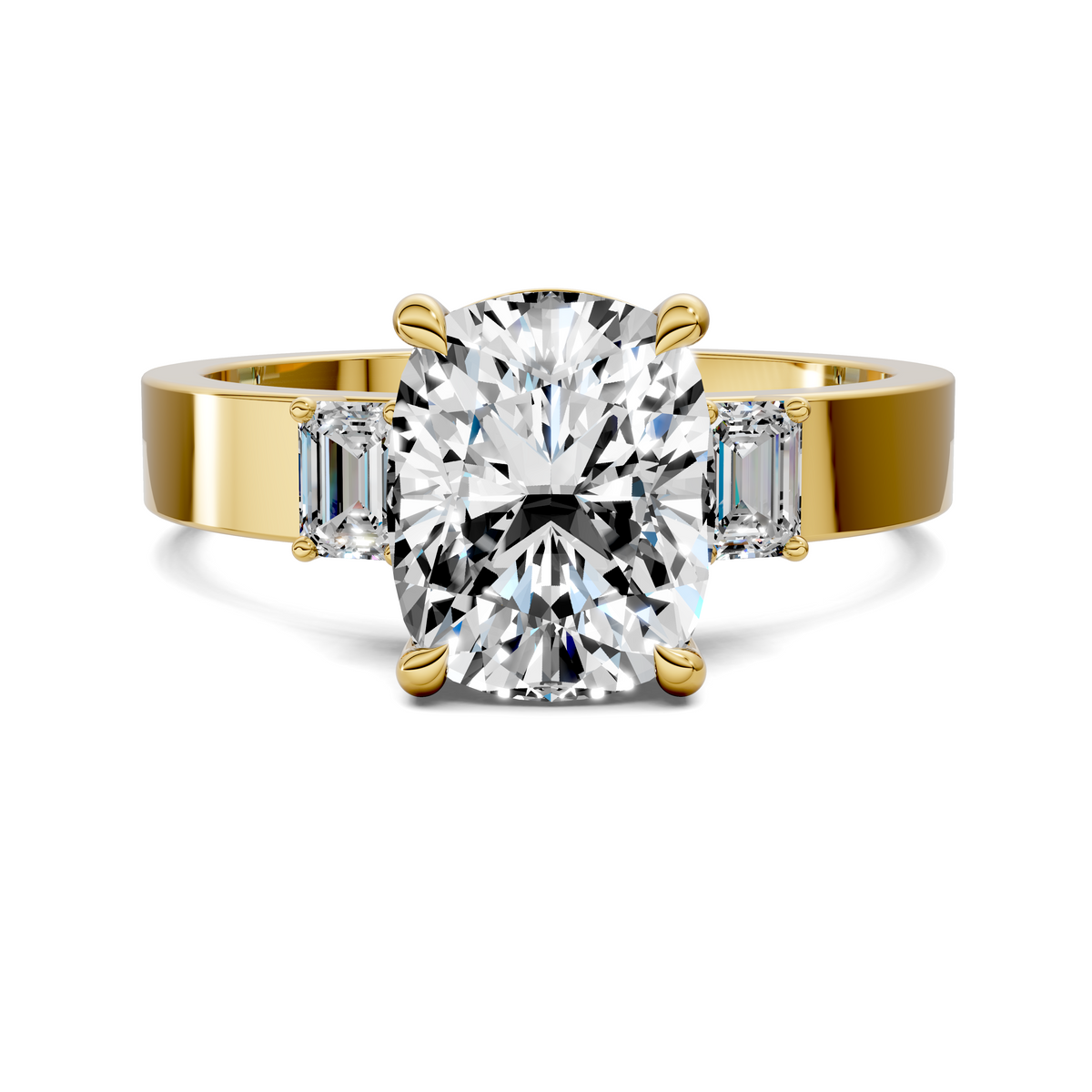 Three-stone diamond ring with round center and baguette side stones, yellow gold