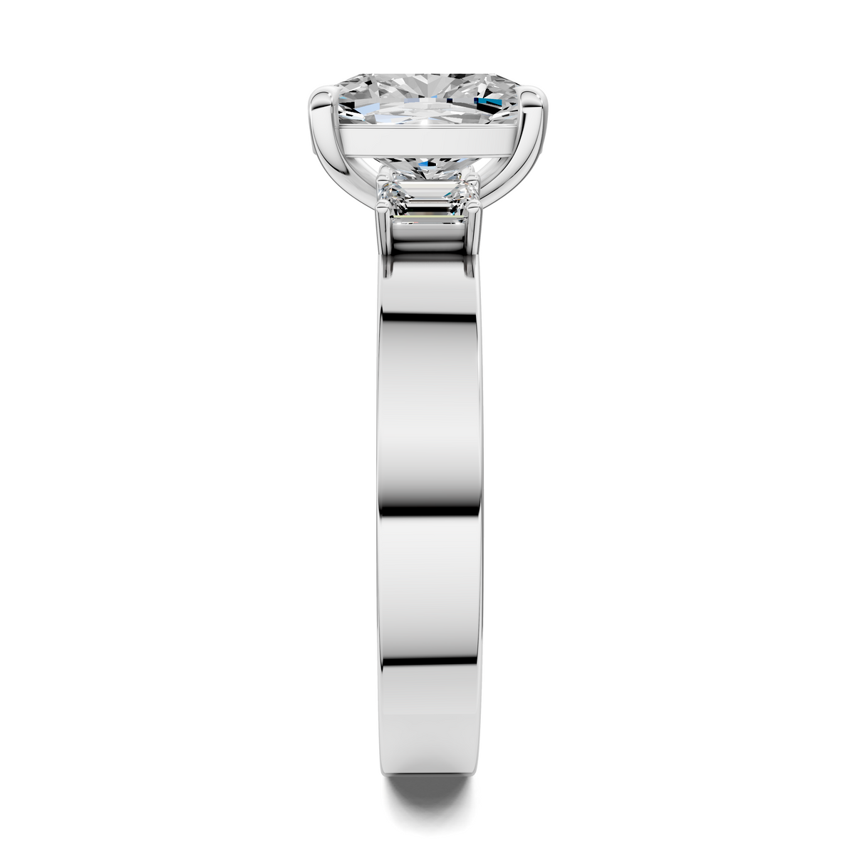 Three-stone diamond ring angled view with round center stone and baguette side stones, white gold