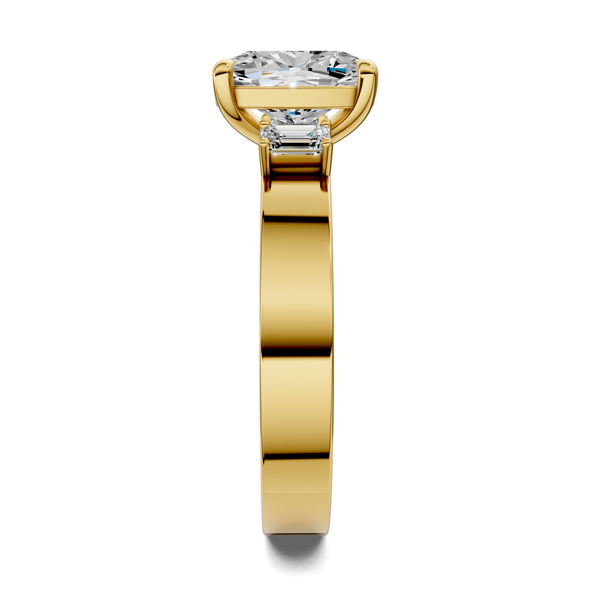 Three-stone diamond ring angled view with round center stone and baguette side stones, yellow gold