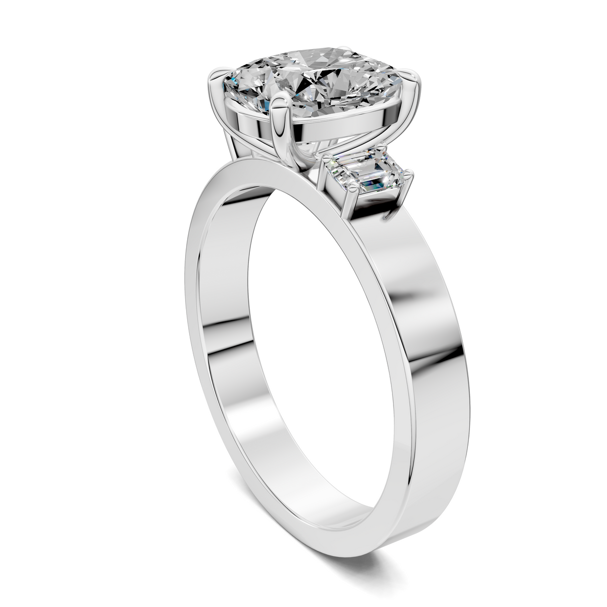 Three-stone diamond ring side view with round center and baguette side stones, white gold