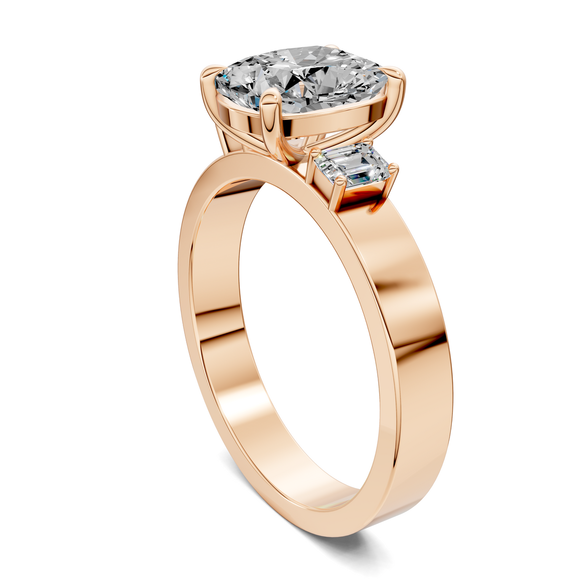 Rose gold three-stone ring with center and two side clear-cut diamonds