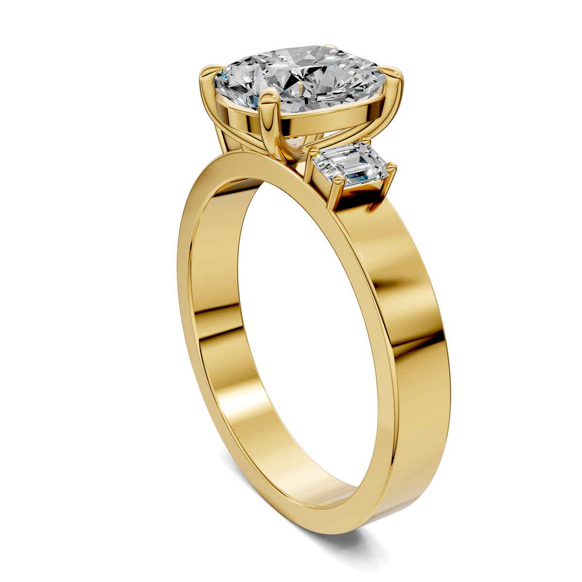Three-stone diamond ring profile with round center stone and baguette side stones, yellow gold