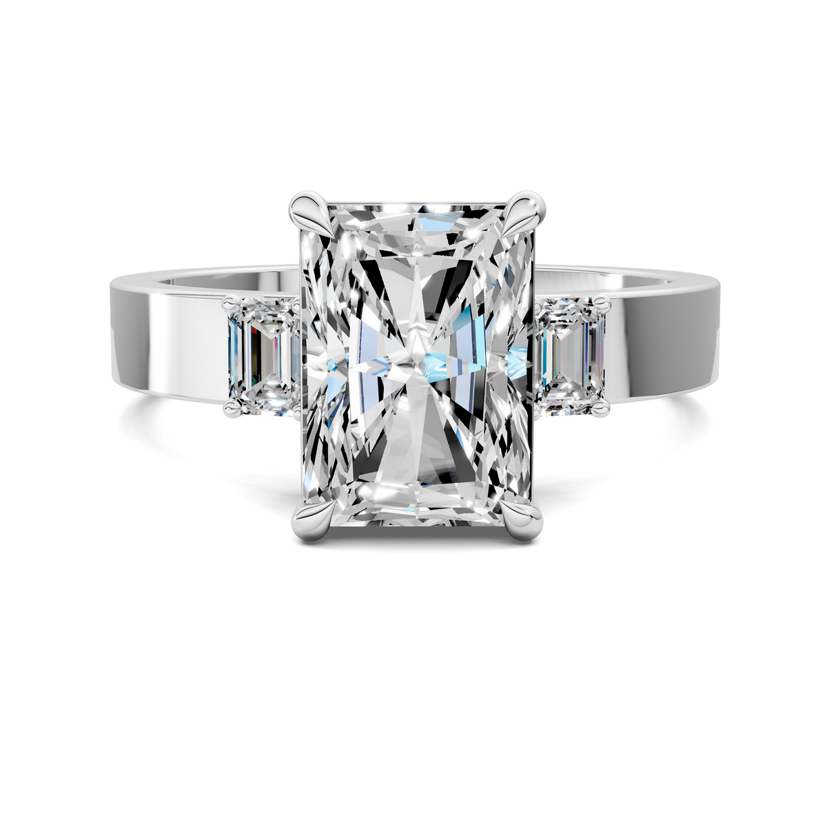 Three-stone ring with square center stone and two side stones in white metal prongs