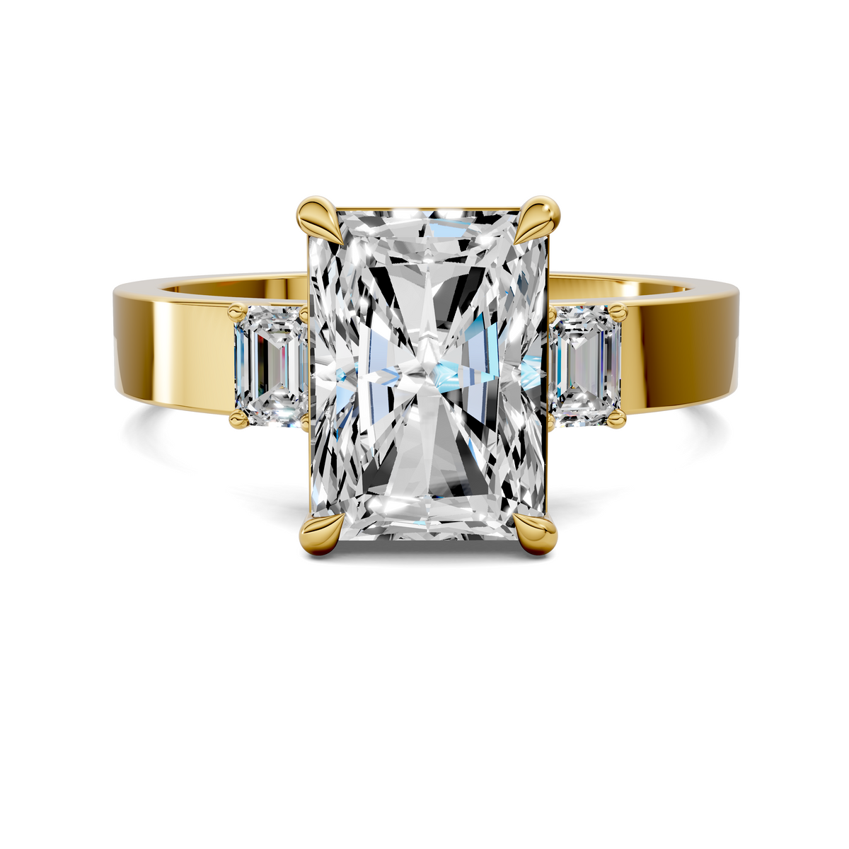 Three-stone ring in rose gold with cushion-cut center stone and two side stones