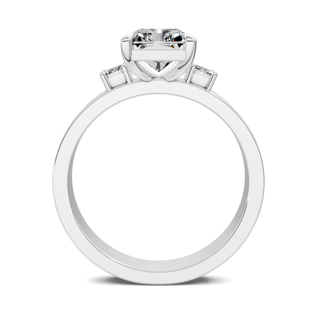 Three-stone ring top view with prong-set center stone and two smaller side stones