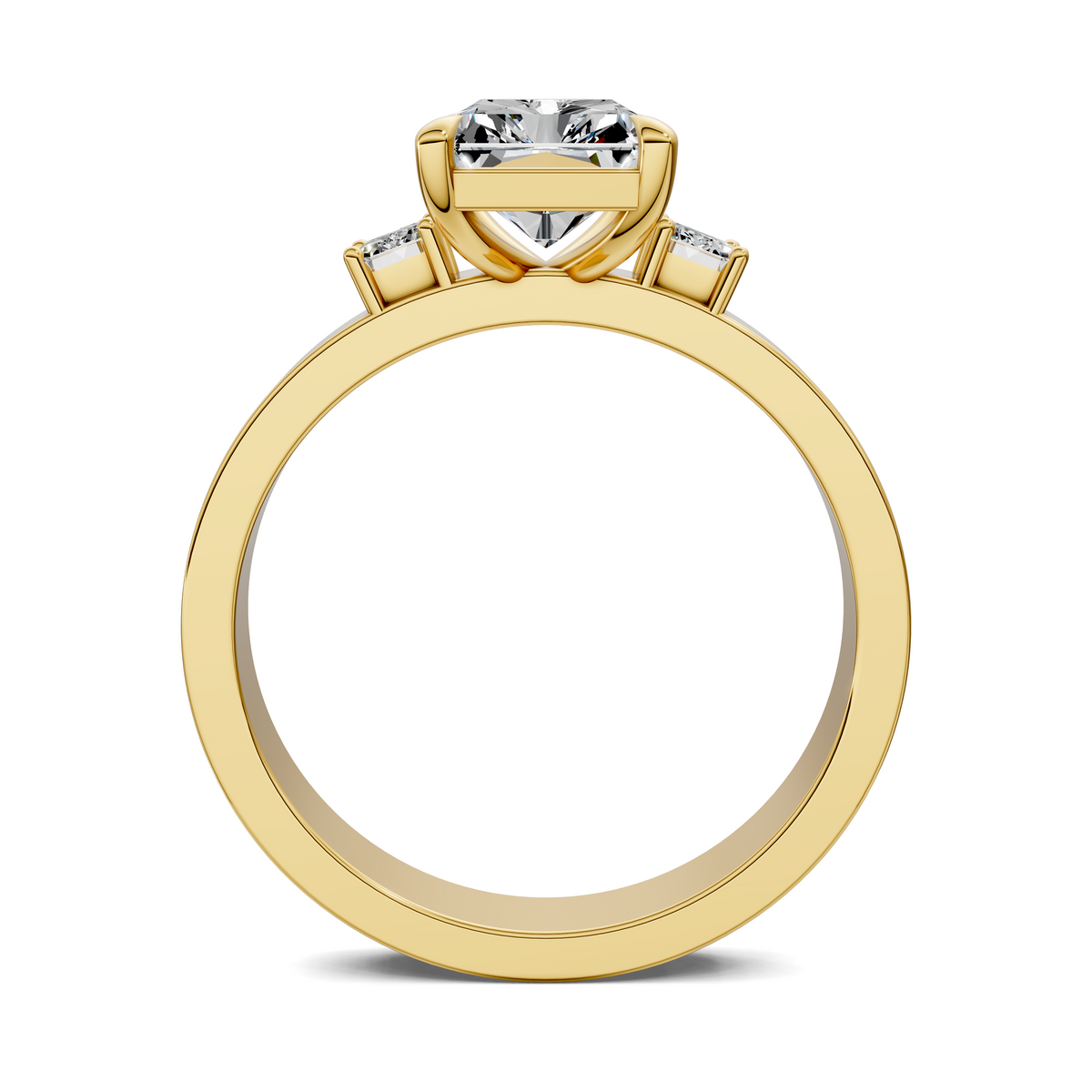Three-stone ring in yellow gold, front view with center stone and side stones