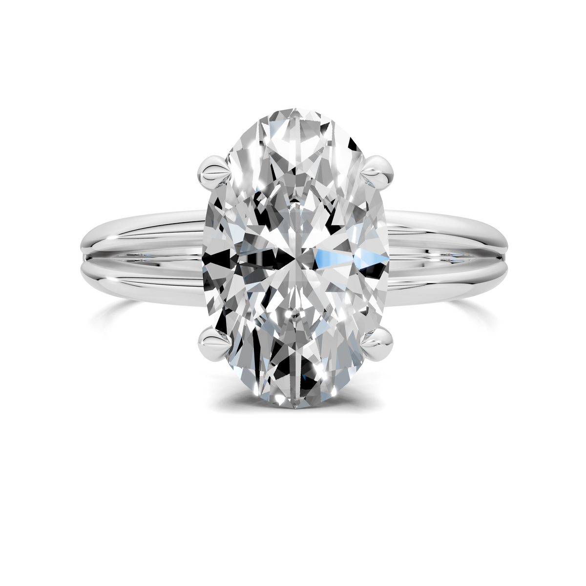 White gold ring with oval center diamond and four prongs, split band with round end details