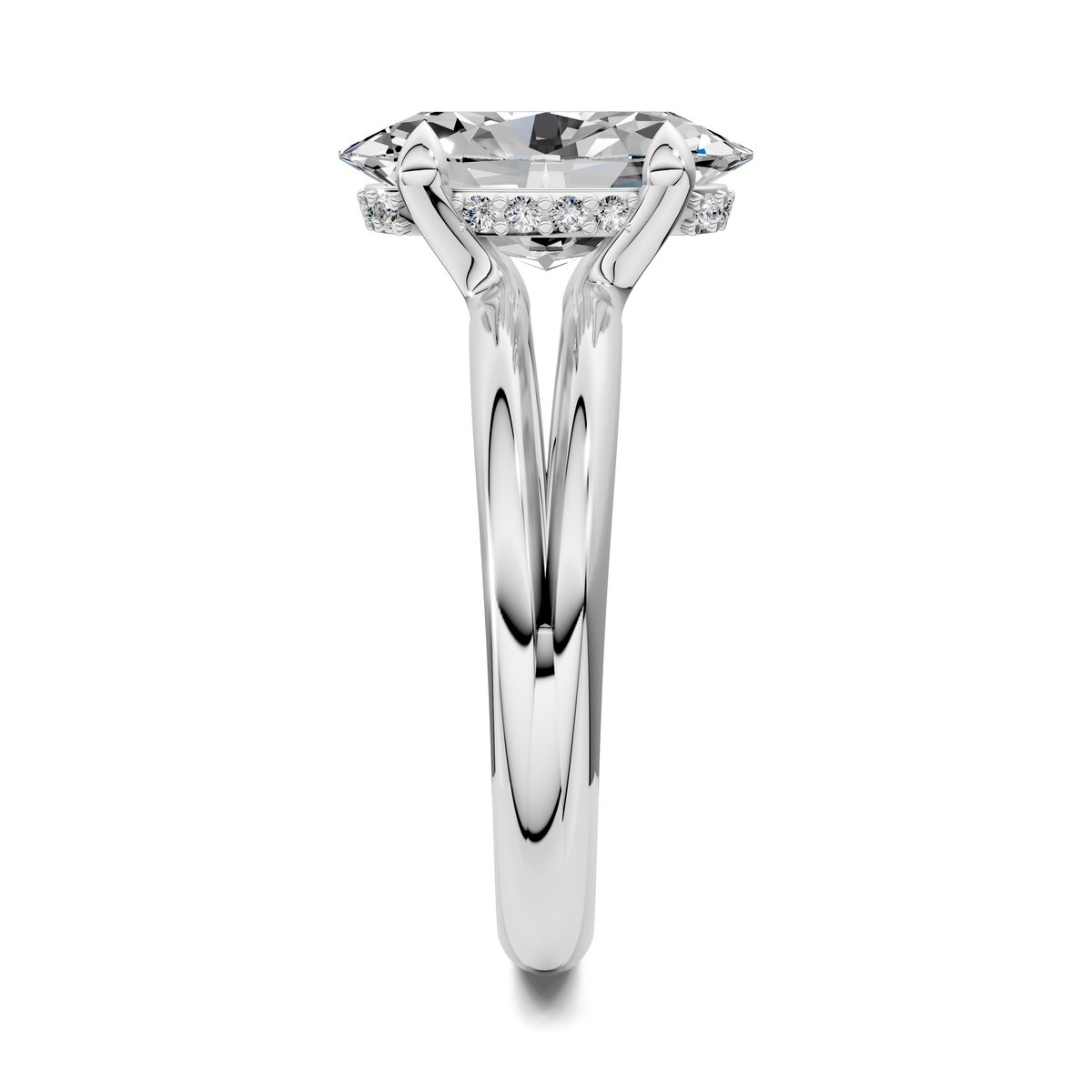 Floating split band ring with round-cut center stone, side view