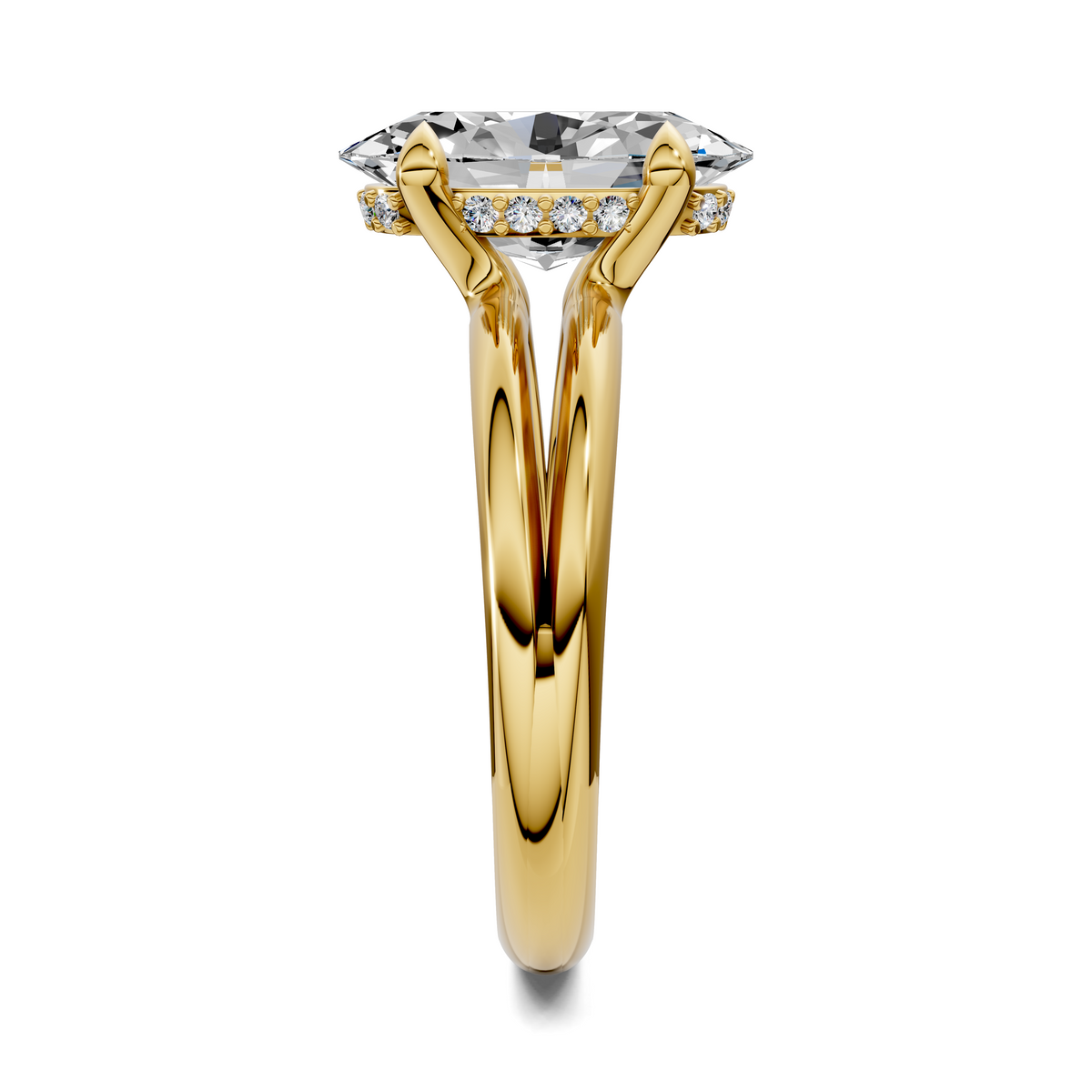 Yellow gold split-band engagement-style ring with large center stone and side diamonds