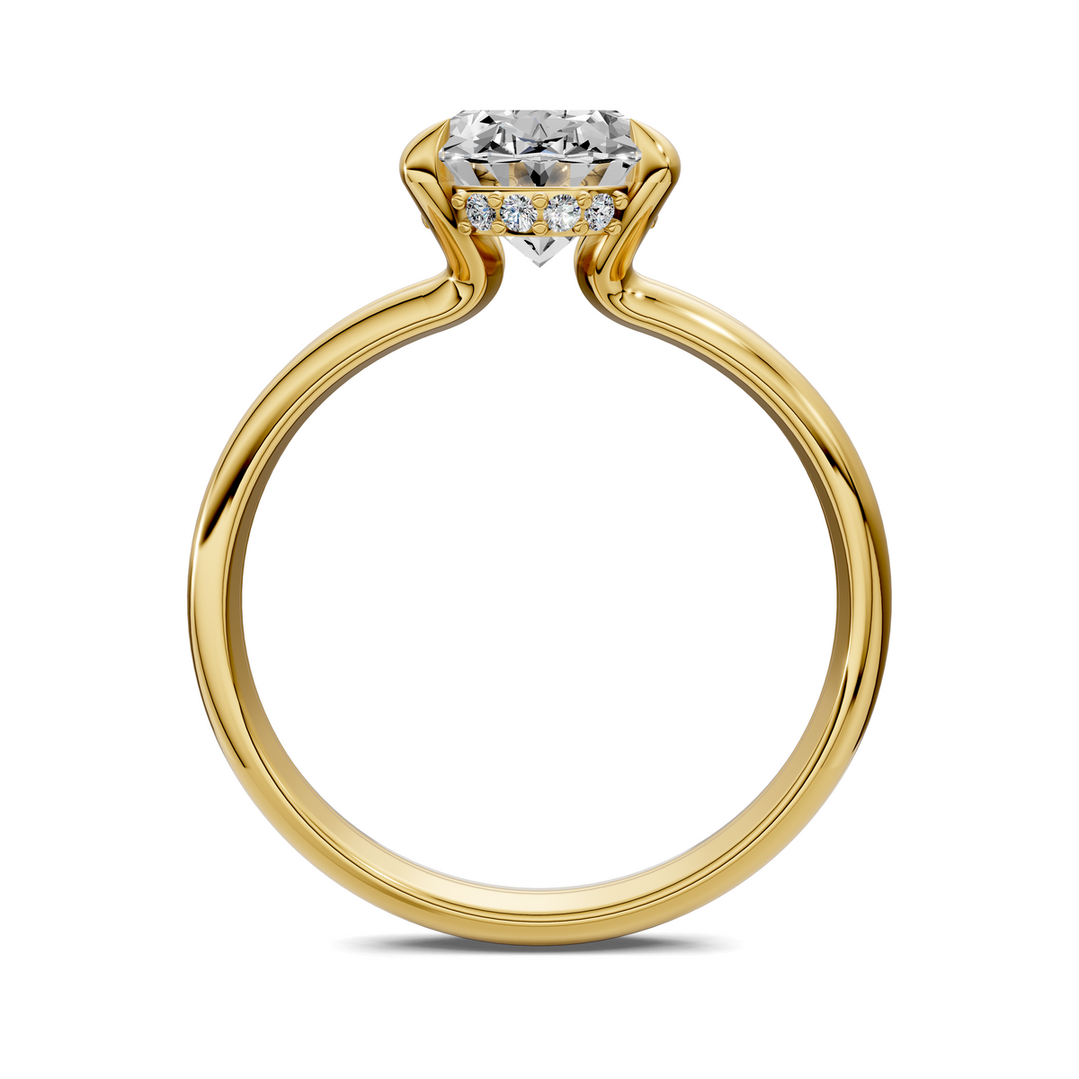 Yellow gold split-band ring with raised center stone and small side diamonds