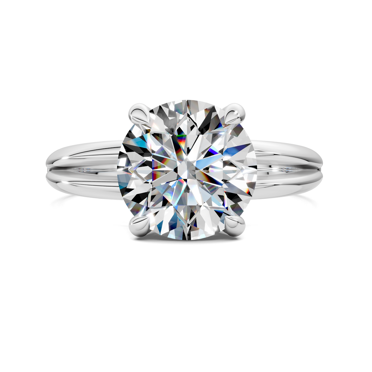14K white gold split band ring with round center diamond and four corner prongs