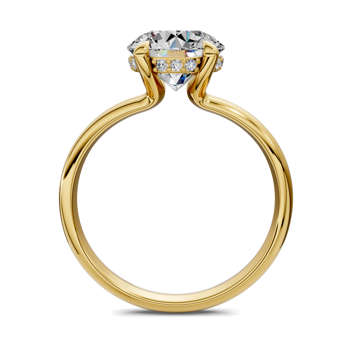 Yellow gold split-band ring with round center stone and pavé halo