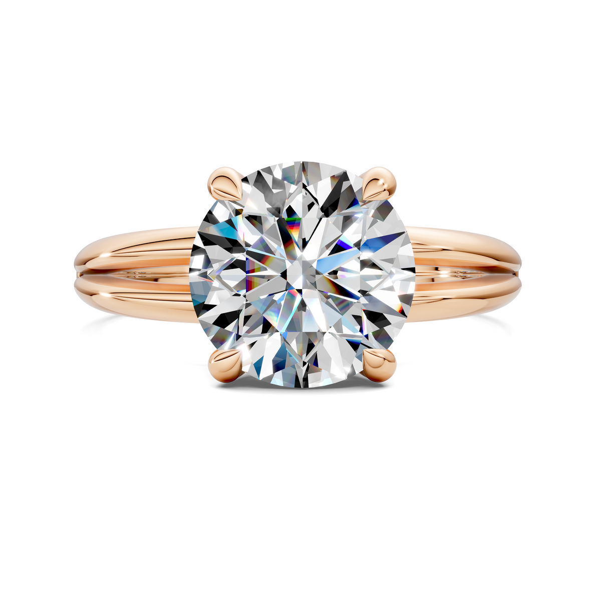 14K rose gold split band ring with round center diamond and four gemstone-like prongs
