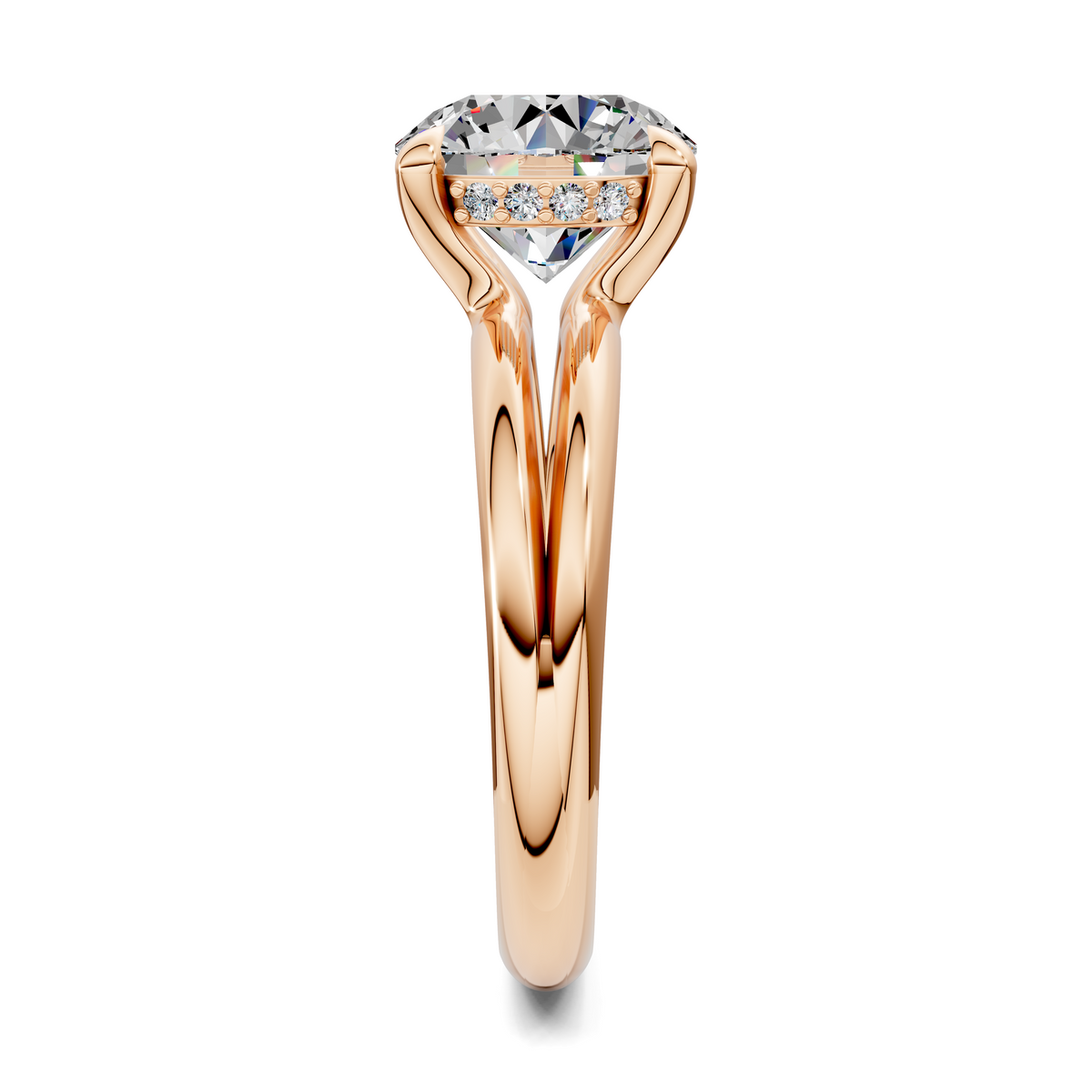Opes floating split band ring in rose gold with V-shaped split shank and round center stone