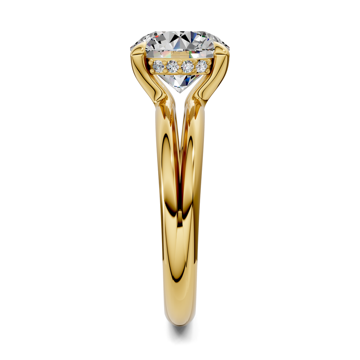 14K yellow gold slender engagement ring with round center diamond in prong setting