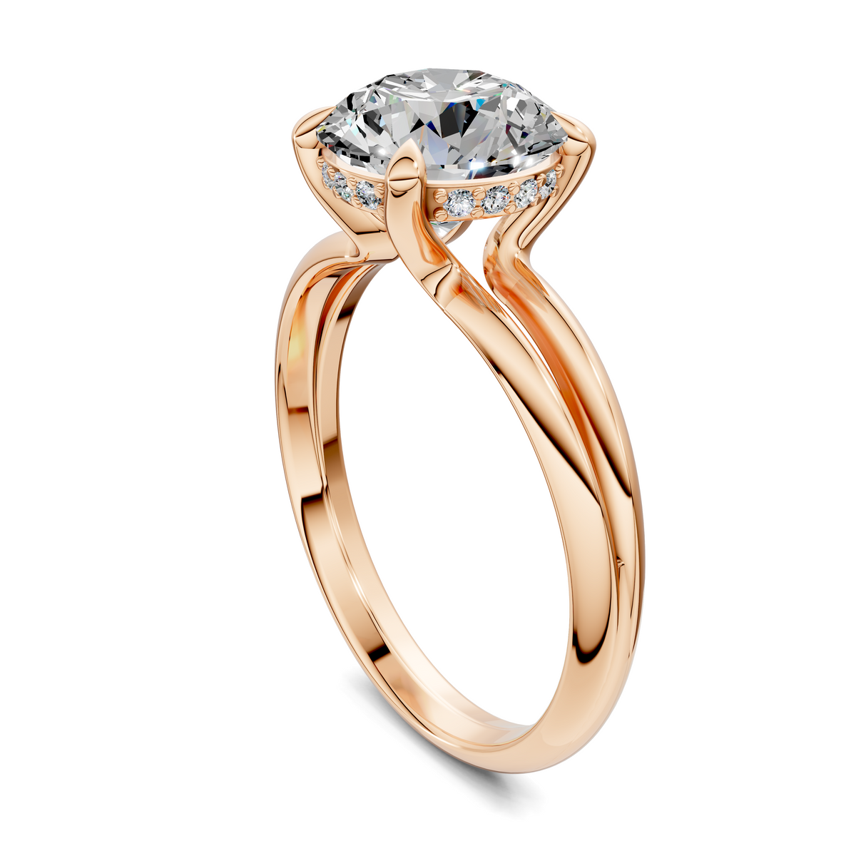 Rose gold split band ring with round solitaire center stone and small side accents