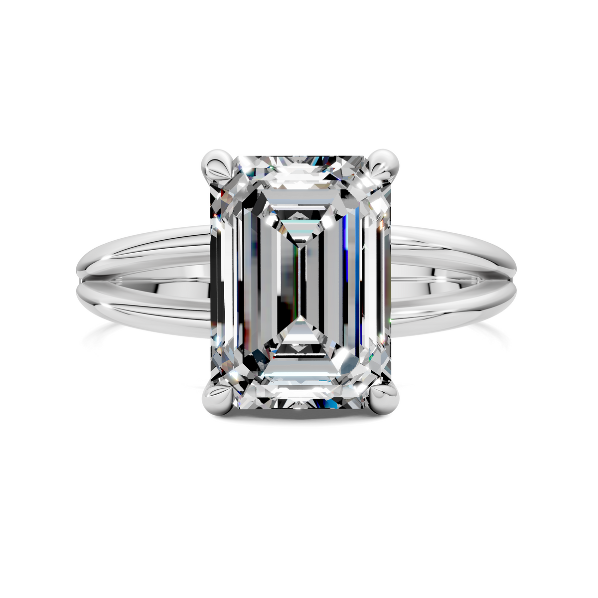 White gold floating split band ring with emerald-cut center stone and round prongs