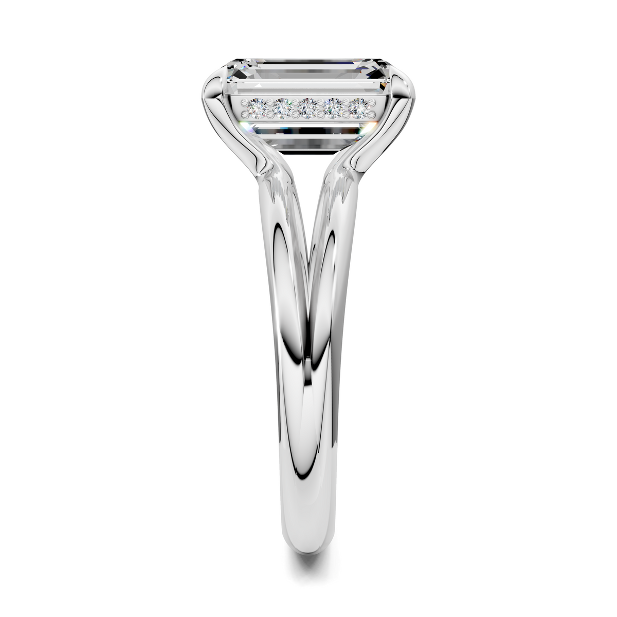 White gold split shank ring with rectangular center stone and pavé accents