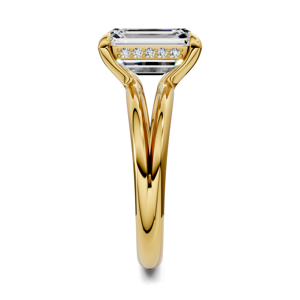 Floating split band ring with clear rectangular center stone and pavé accents