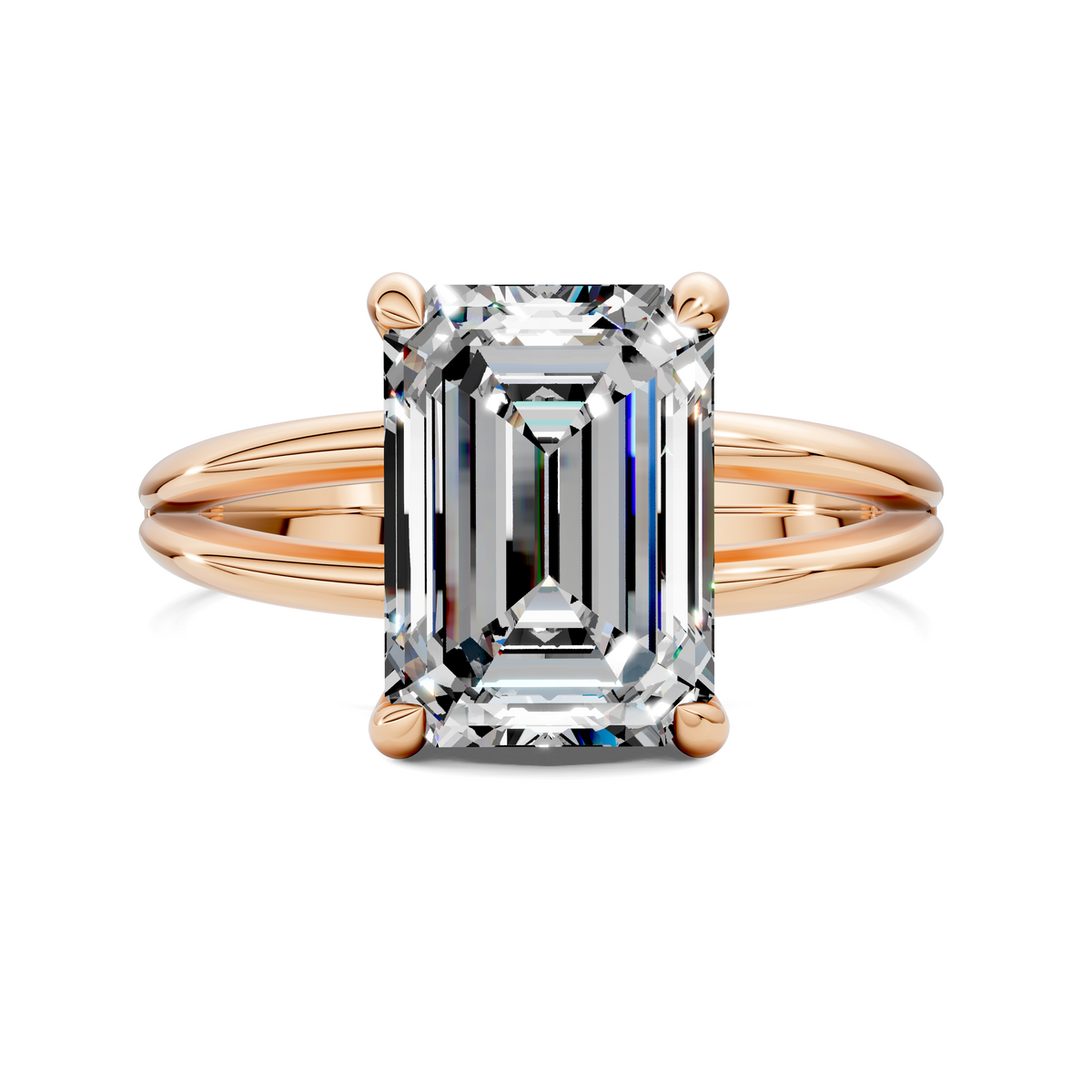 Rose gold floating split band ring with emerald-cut center stone and round prongs