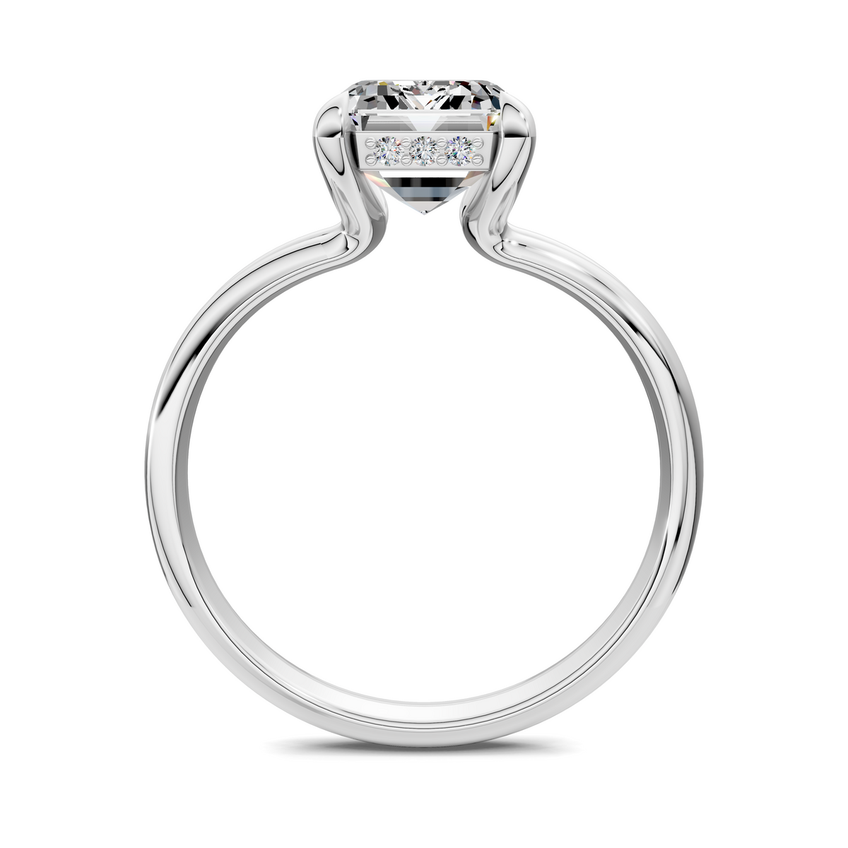 White gold split band ring with emerald-cut center stone and open, curved split shank