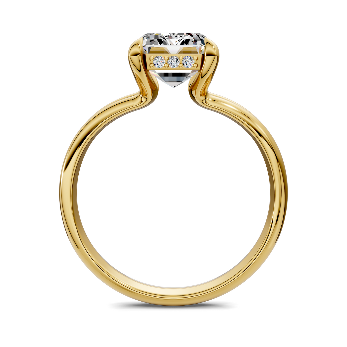 Yellow gold split band ring with emerald-cut center stone and open, curved split shank