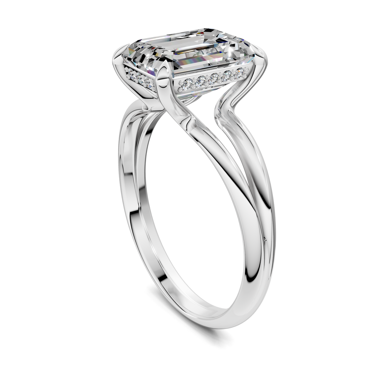 White metal split-shank ring with rectangular clear gemstone and pavé accents
