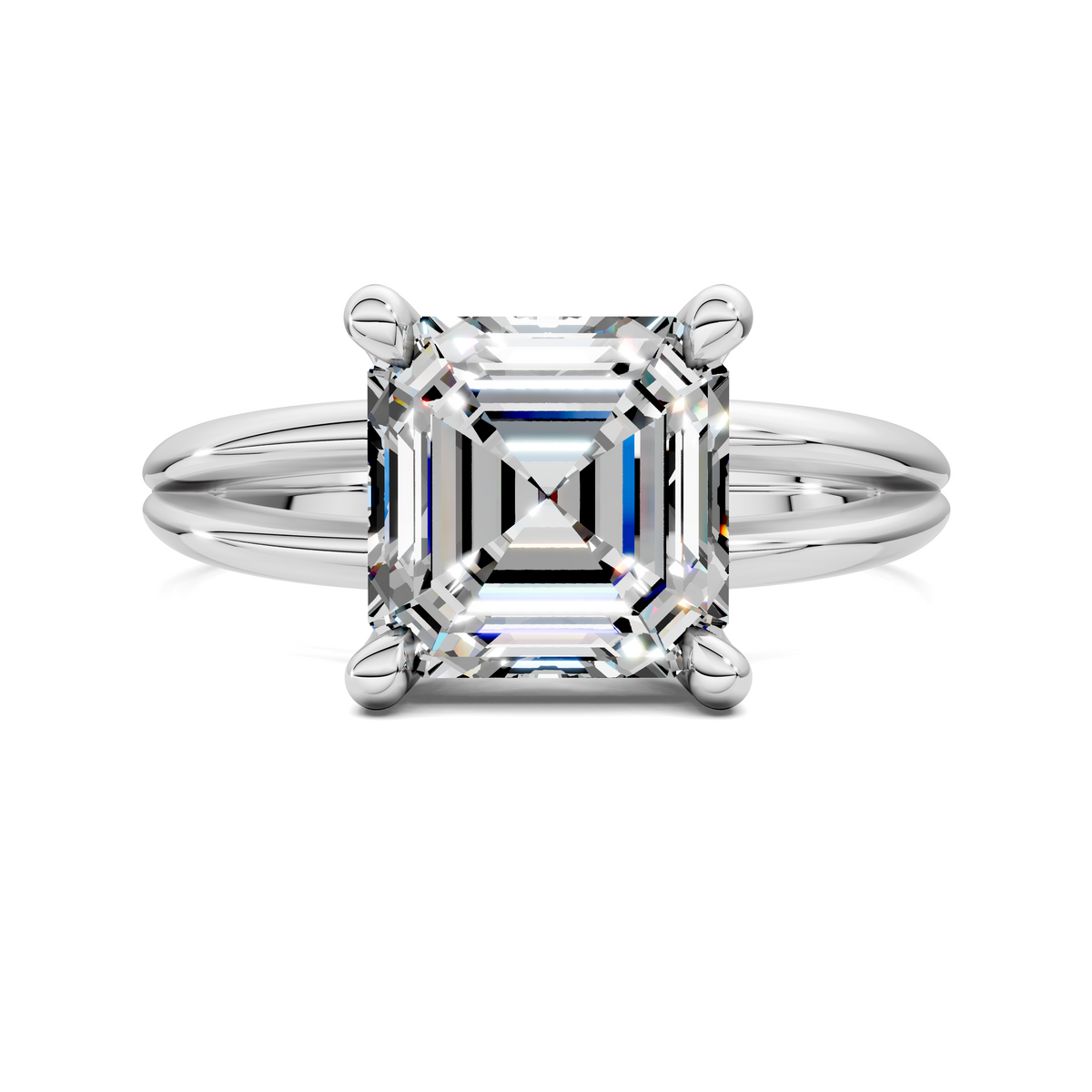 White gold floating split band ring with emerald-cut center stone and side prongs