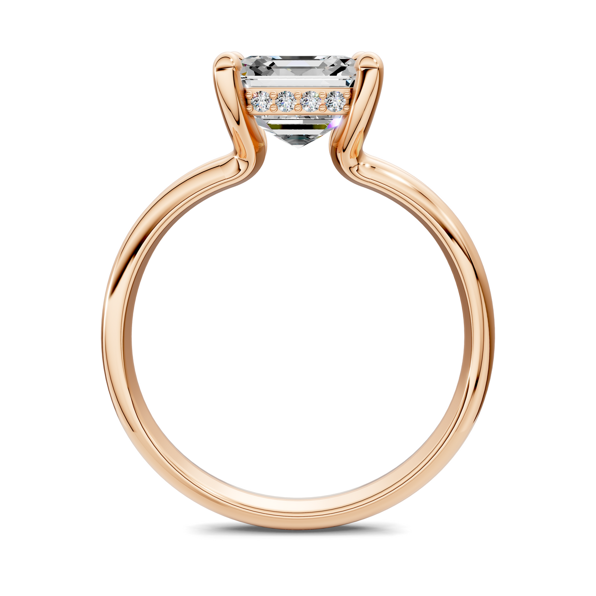 Rose gold split band ring with oval clear center stone and small diamond accents
