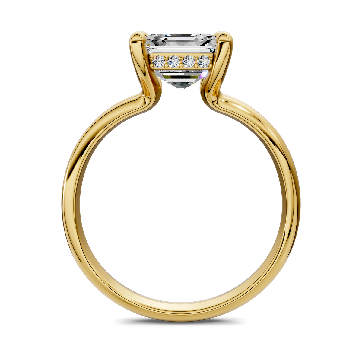 Yellow gold floating split band ring with open band and emerald-cut top stone
