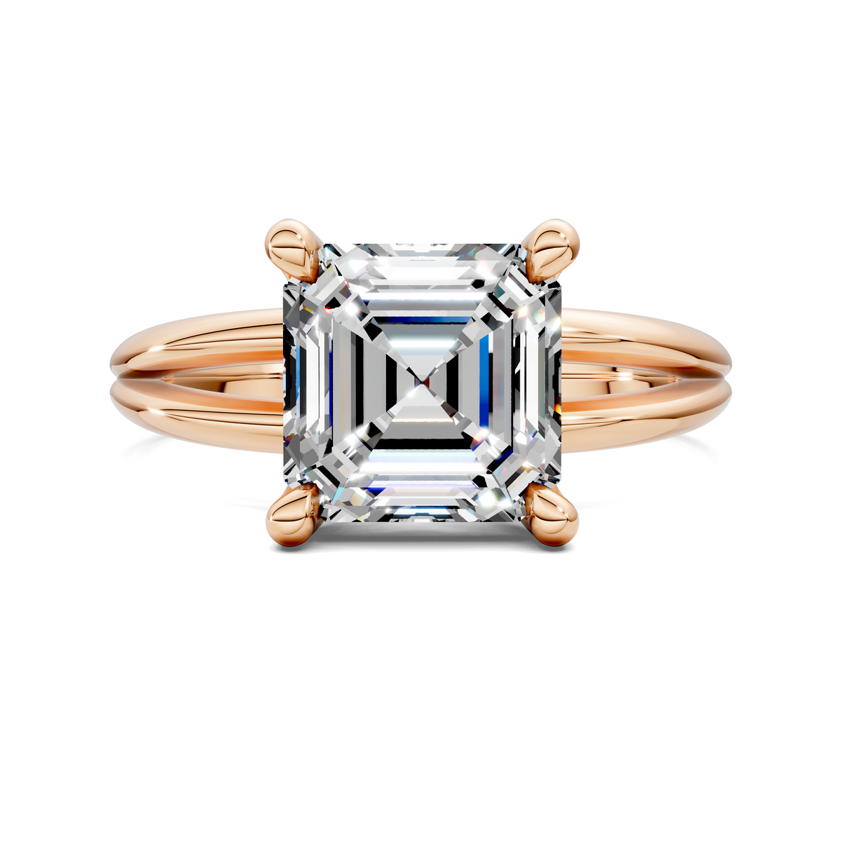 Rose gold floating split band ring with emerald-cut center stone and side prongs