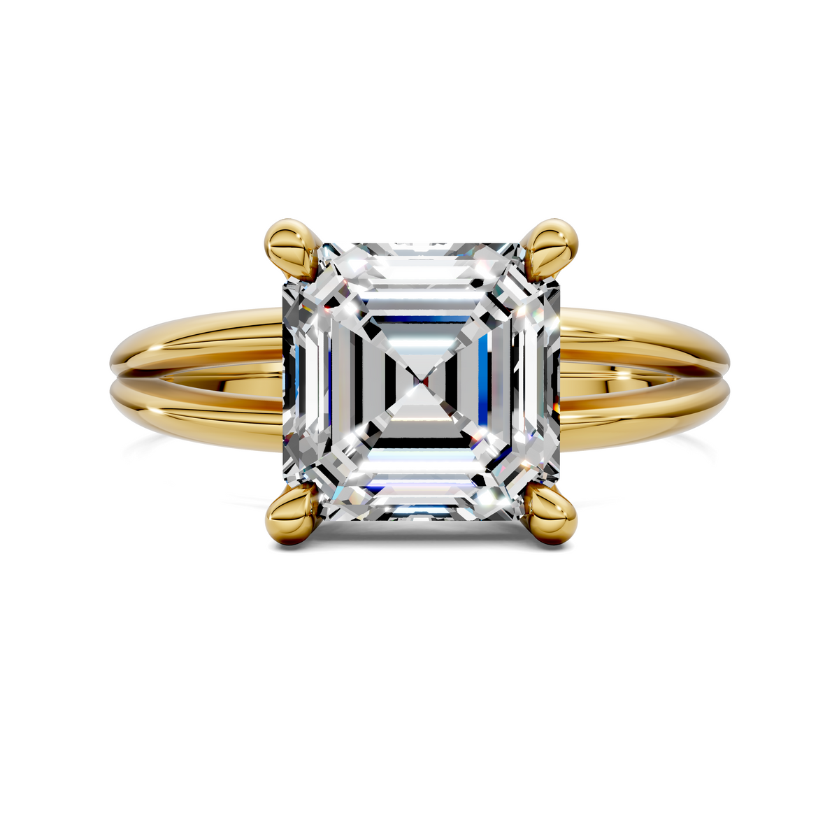 Yellow gold floating split band ring with emerald-cut center stone and side prongs