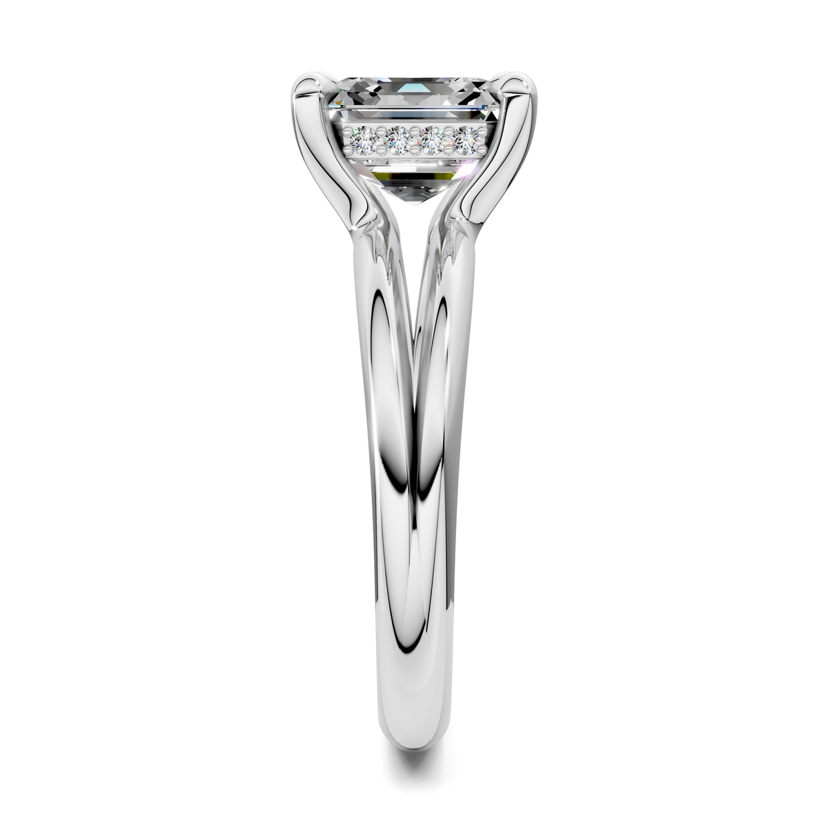 White gold floating split band ring with upright setting and emerald-cut center stone