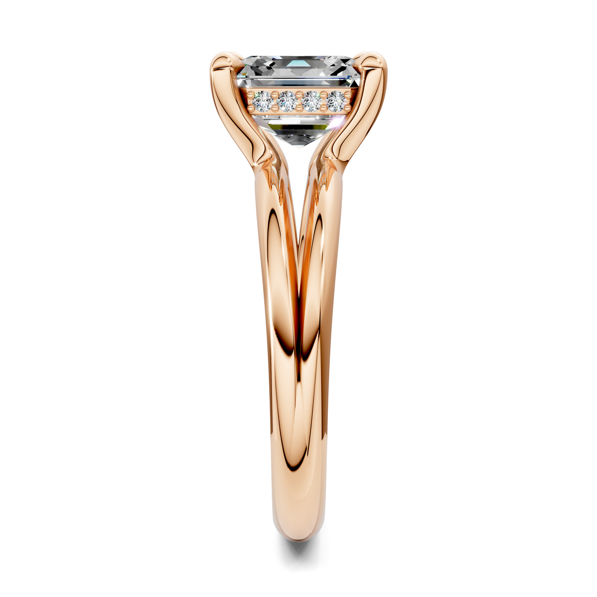 Rose gold split band ring with baguette stone and open V-shaped shoulders