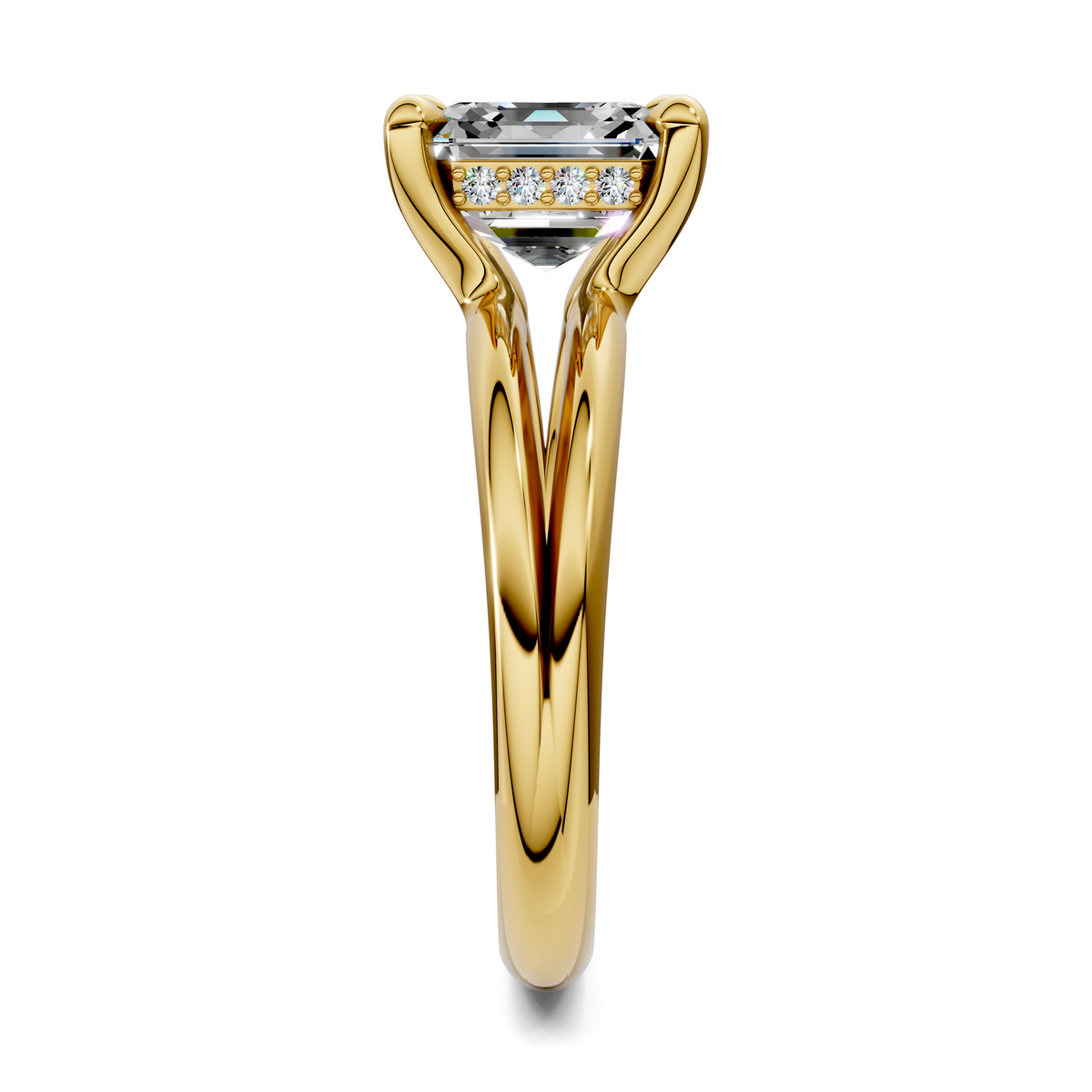 Yellow gold floating split band ring with pointed high setting and emerald-cut center stone