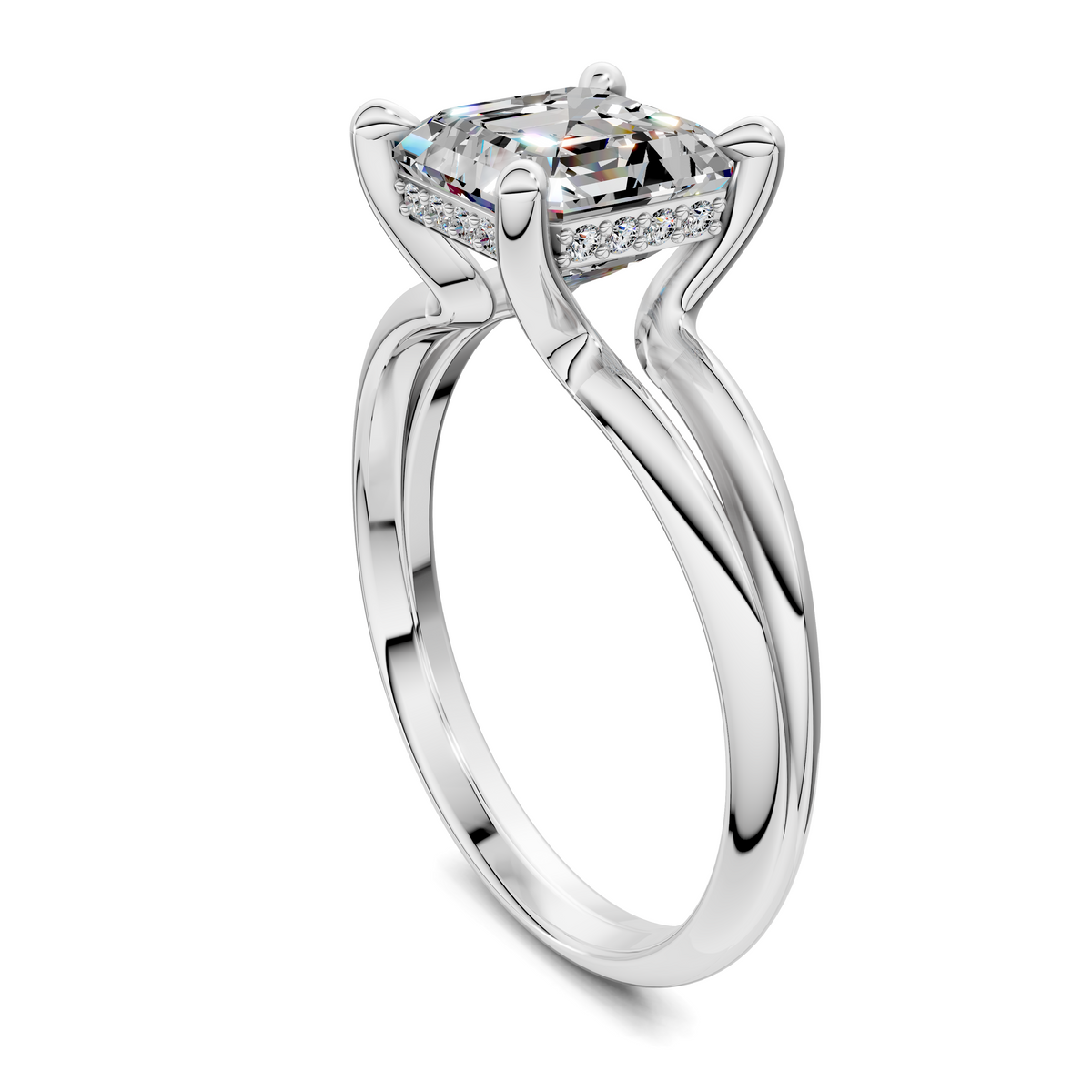 Split band engagement ring with cushion-cut center stone and pave accents
