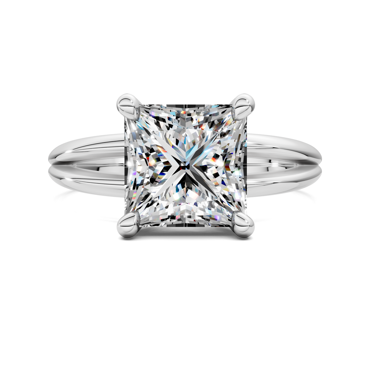 White gold floating split band ring with square-cut center stone and four corner prongs