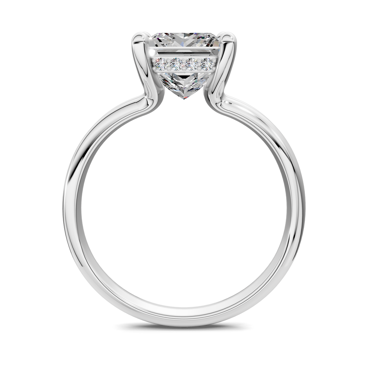 White gold ring side view with square-cut center stone and open split prong setting