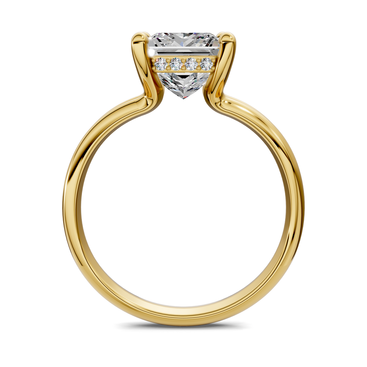 Yellow gold ring front view with square-cut center stone held by open split prongs