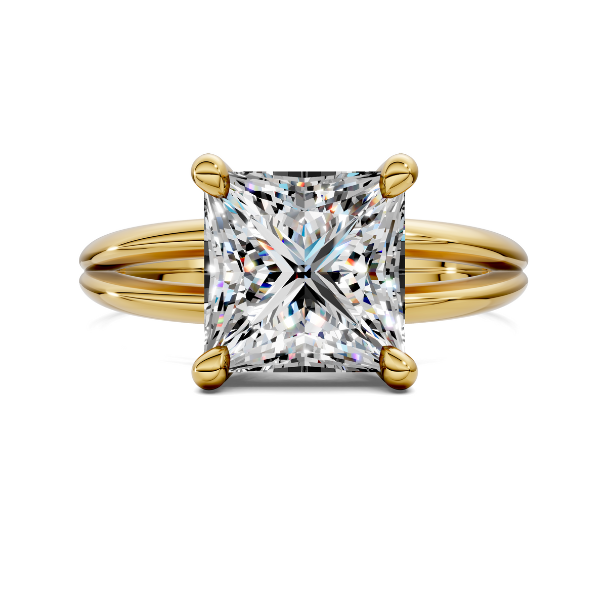 Yellow gold floating split band ring with square-cut center stone and four corner prongs