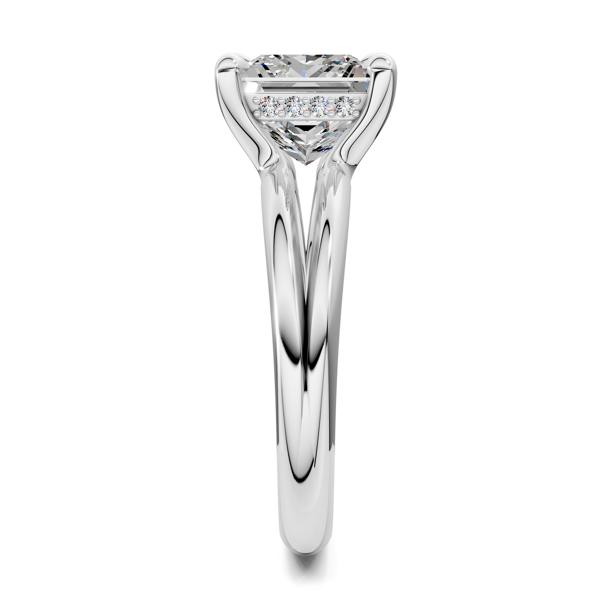 White gold ring front view with square-cut center stone held by open split prongs