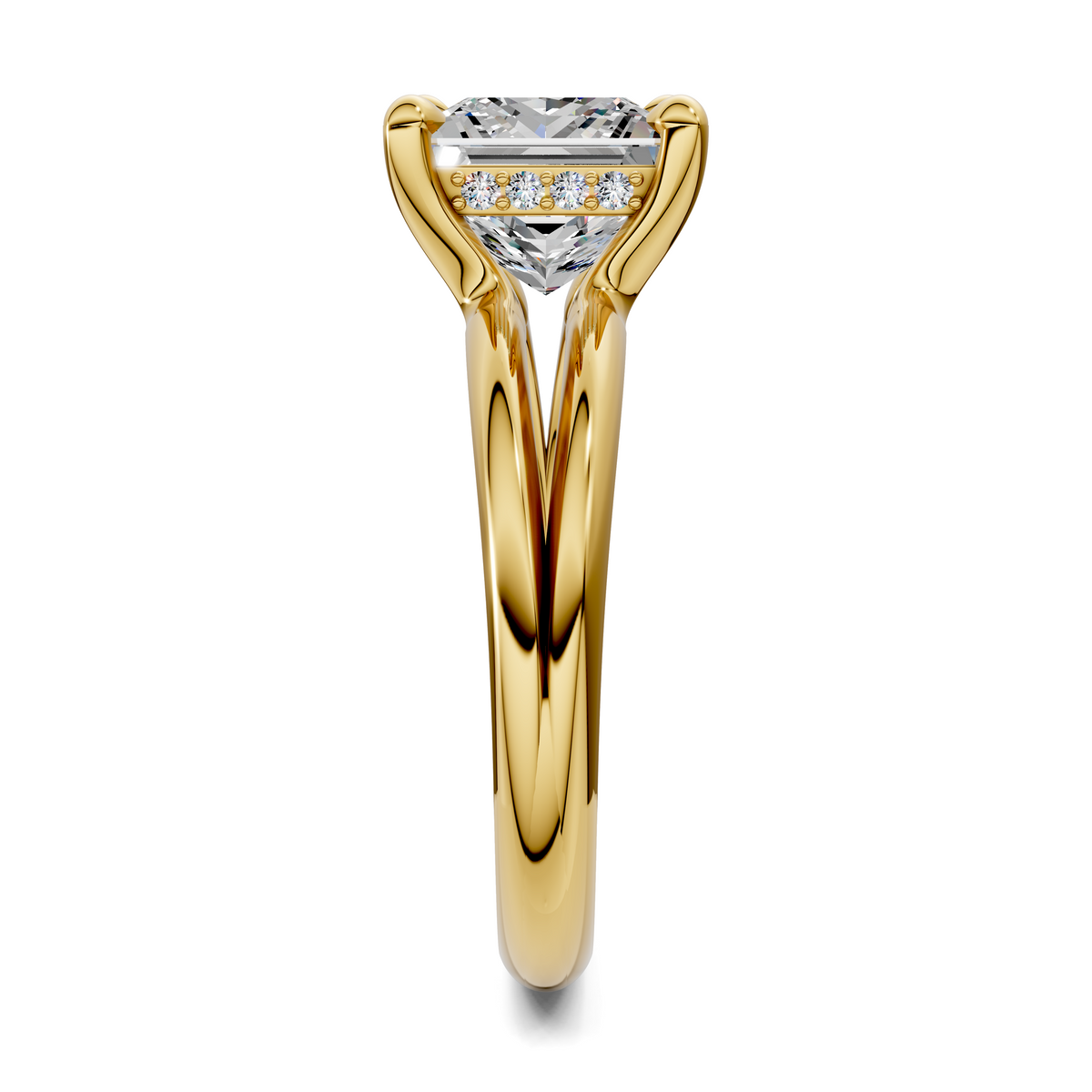 Yellow gold ring profile with square-cut center stone in a high prong setting