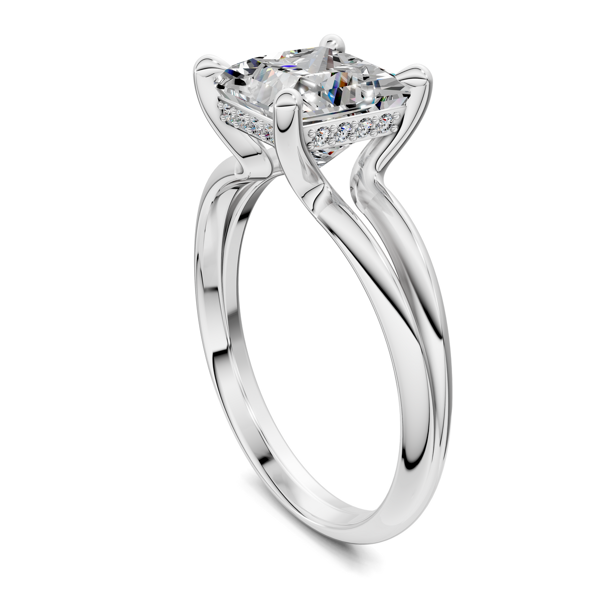 White metal split band ring with cushion-cut center stone and pavé accents