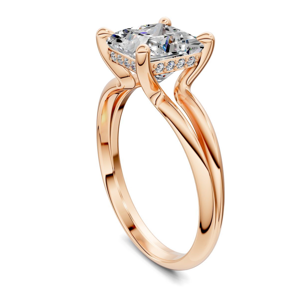 Rose gold split band ring with a prong-set cushion-cut clear stone